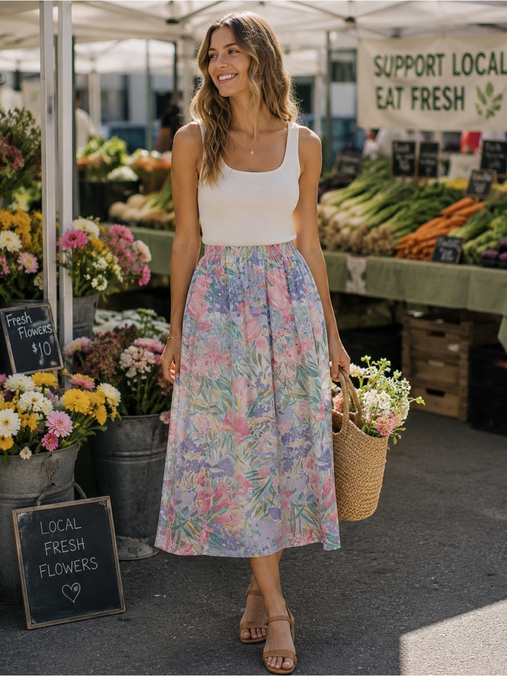 Alfred Dunner Vintage 90s Pastel Floral Watercolor Midi Skirt Cottagecore Sz 16